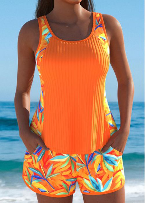 Modlily Mid Waisted Leaf Print Orange Tankini Set