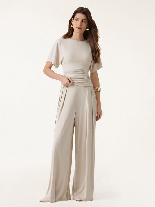 2Pcs Set Boatneck Batwing Sleeve Top & Wide Leg Palazzo Pants with Pockets - Morning Mist / XS