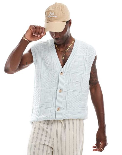 ASOS DESIGN relaxed textured knit button up sleeveless cardigan in light blue