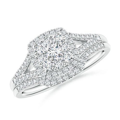 Angara 0.67 Carat Lab-Grown Cushion Composite Diamond Halo Split Shank Bridal Set in Platinum