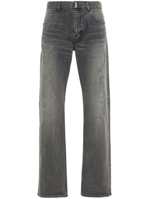 Logo-plaque distressed straight jeans - Grey