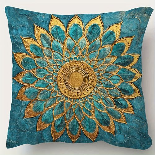 TEMU 18x18 Inch Super Soft Short Plush Double-sided Throw Pillow - Turquoise & Golden Mandala Design, Modern Decor For Living Room, Bedroo