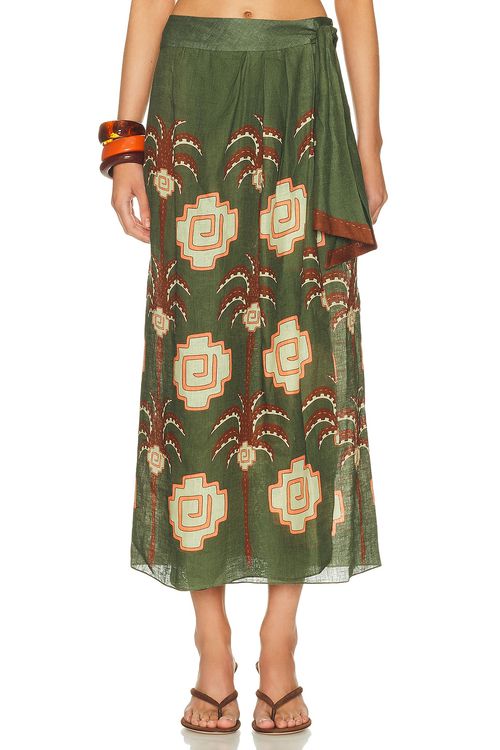 Johanna Ortiz Amazon Echoes Wrap Skirt in Green  Chocolate  & Pink - Dark Green.  4 also in