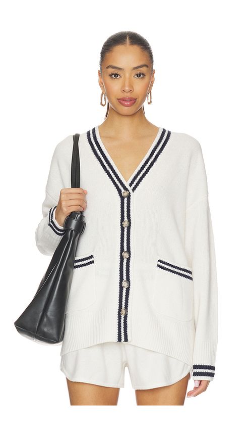 White & Warren Cashmere Varsity Cardigan in Soft White & Deep Navy. S also in L