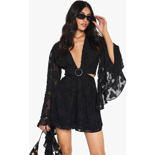Boohoo Women's Burnout Floral Wide Sleeve Playsuit in Black