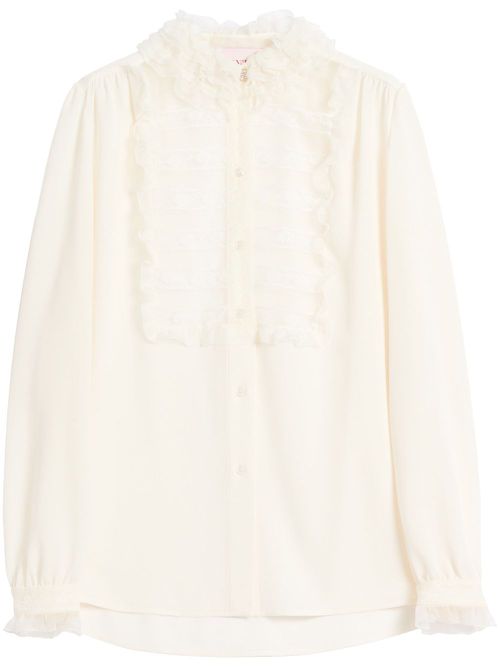 Floral-lace panel shirt - White
