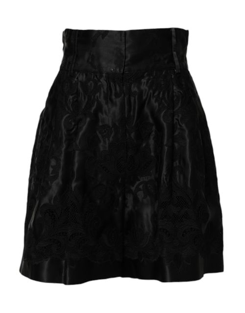 Floral Embroidery Silk Shorts — Black