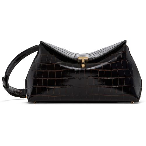 Brown T-Lock Croco-Embossed Clutch