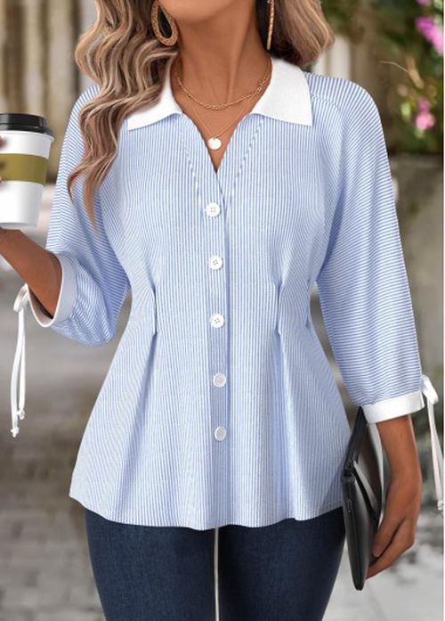 Modlily Light Blue Striped 3/4 Sleeve Turn Down Collar Blouse