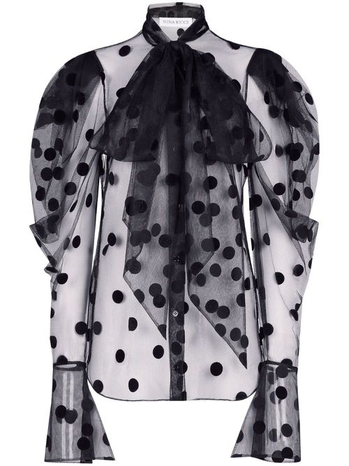 Polla-dot embroidered tulle shirt - Black