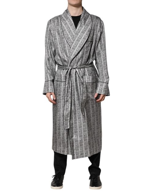 Silk Pinstriped Wrap Coat — Gray