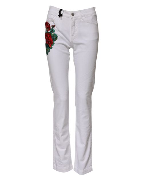 Floral Embroidery Jeans — White