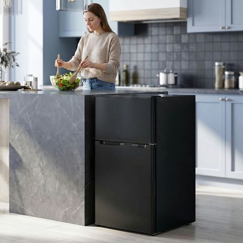 HOMCOM 88L Small Fridge Freezer with 5-Setting Thermostat, Inner Light - Black - - Under Counter Fridge Freezer