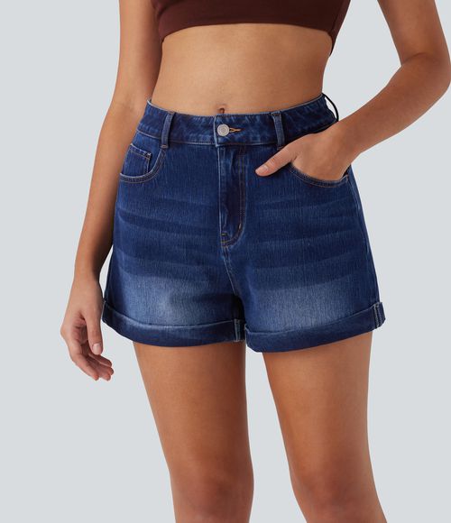 Flex™ Mid Rise Zipper Pockets Denim Casual Shorts 3''  - Estate Blue Denim