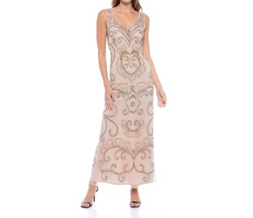 Women's Beaded Evening Gown Dress In Taupe