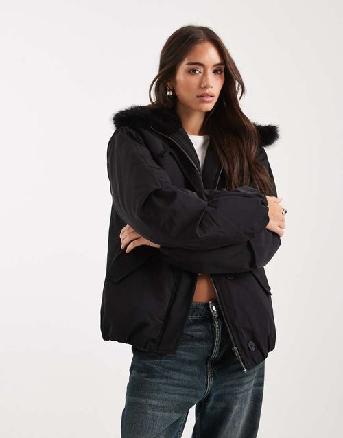 Bomber parka jacket with faux fur hood in black