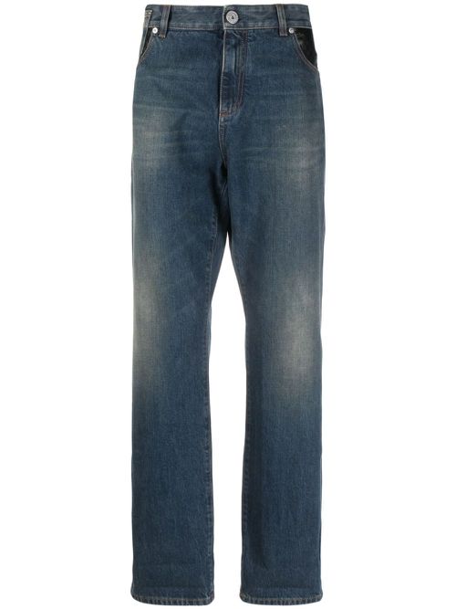 Leather-pocket straight-leg jeans - Blue
