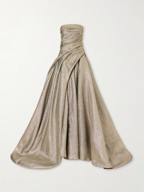Off-the-shoulder Draped Brocade Gown - Gold