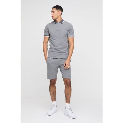 BoohooMAN Mens Slim Fit Pique Interlock Stripe Polo and Shorts Set - Grey Cotton - X-Large