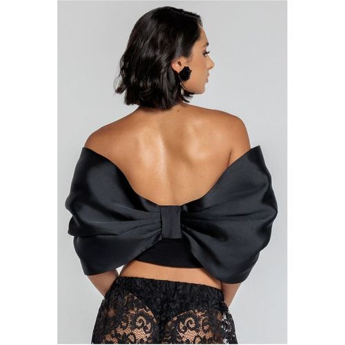 Goddiva Off Shoulder Back Satin Bow Scuba Corset - Black