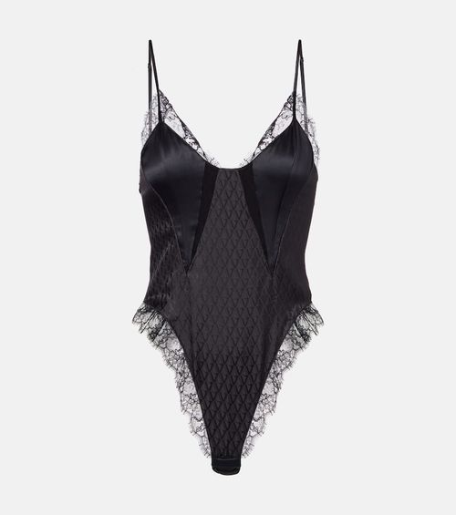 Lace-trimmed silk-blend satin bodysuit