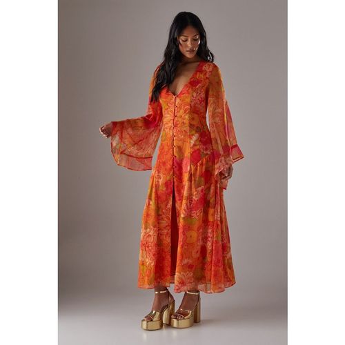 Warehouse Womens Chiffon Bohemian Button Through Maxi Dress - Orange