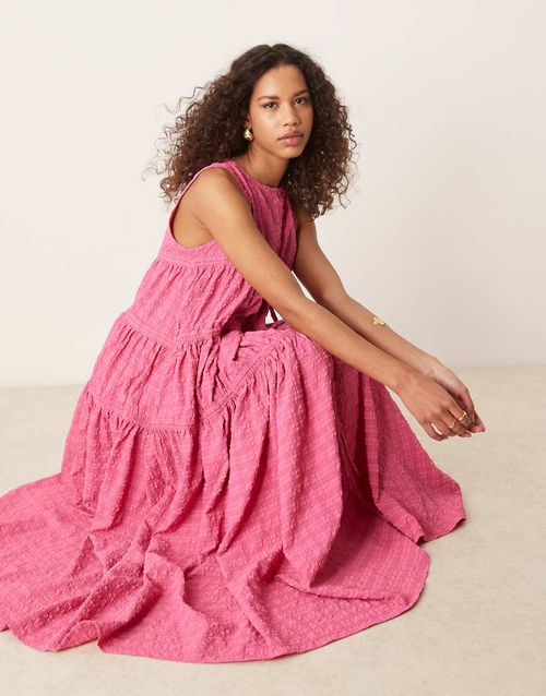 Ghospell | Ghospell textured ruched midi dress in fuchsia pink | Realry