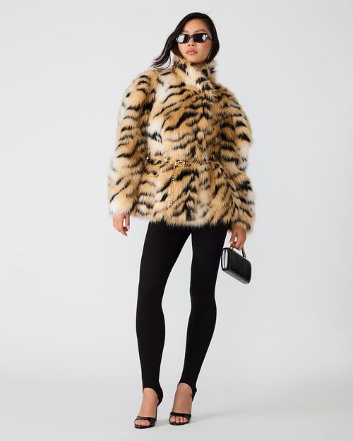 Steve Madden Women's Alexx Coat Long Sleeve Faux Fur Jackets & Coats - Black Multi - - Polyester