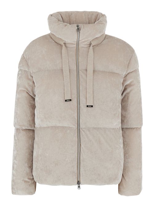 Velvet-Effect Down Jacket — Beige