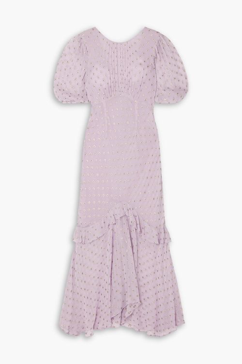 Cheryl ruffled metallic fill coupé gauze midi dress - Purple - UK 6