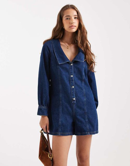 Long sleeve sailor playsuit in mid wash-Blue