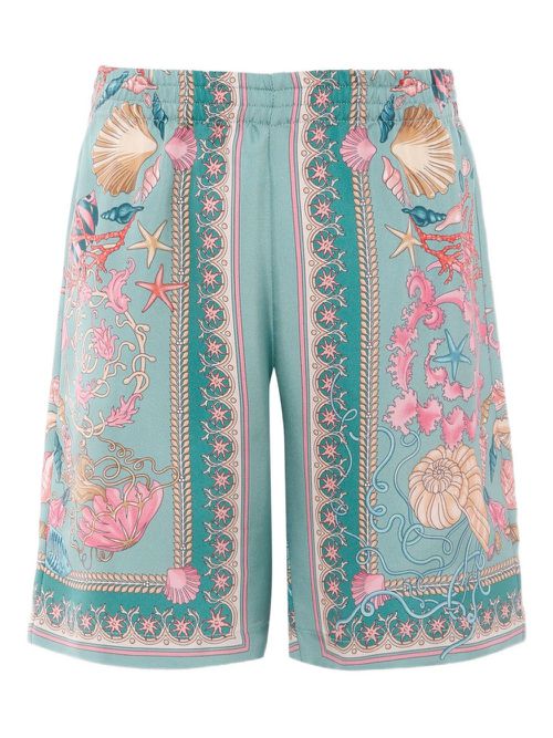 Seashell-patterned silk shorts - Blue