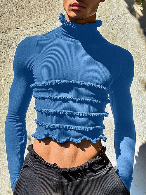 Mens Ruffle Collar Fitted Knit Long Sleeve T-Shirt SKUK83092 - Blue / S