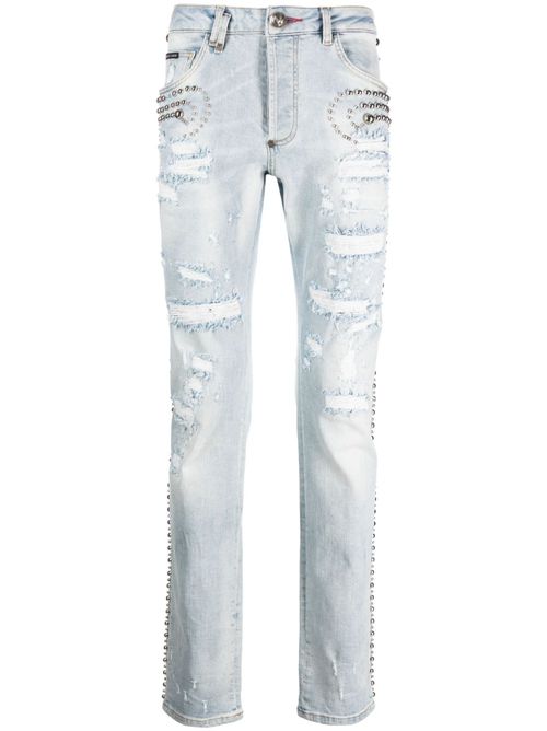 Stud-embellished distressed jeans - Blue
