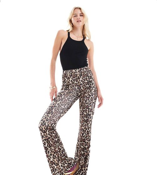 Ribbed flare trousers in leopard print - BROWN