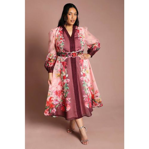 Coast Women's Plus Long Sleeve Organza Midi Dress With Belt in Pink