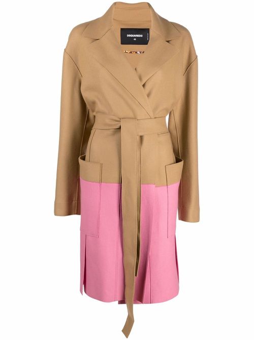 Two-tone tie-fastening coat - Brown