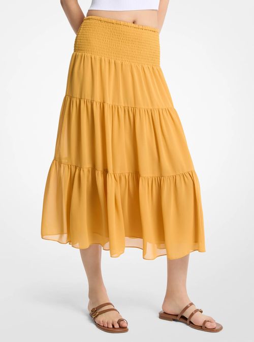 Smocked Georgette Tiered Skirt in Yellow - size S