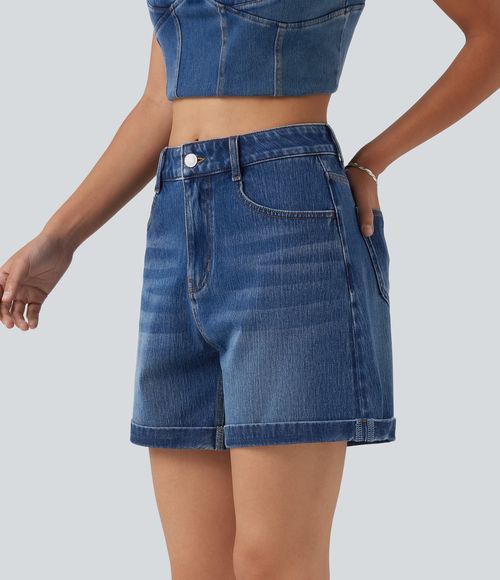 Flex™ Mid Rise Rolled Hem Denim Casual Shorts 5'' with Pockets  - Estate Blue Denim