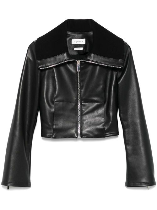 Folded-collar leather jacket - Black
