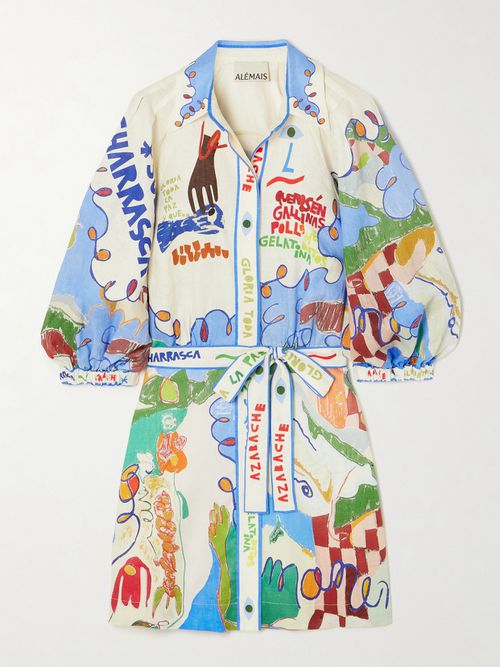 + Nadia Hernandez Belted Printed Linen Shirt Dress - Cream