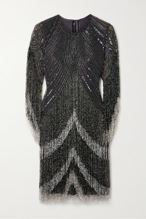 Fringed Embellished Tulle Mini Dress - Gray