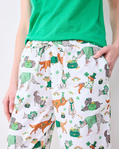 Organic Cotton Pajama Pants in Lucky Paws | Women's Petite XS/P | White St. Patrick's Day | Sleepwear