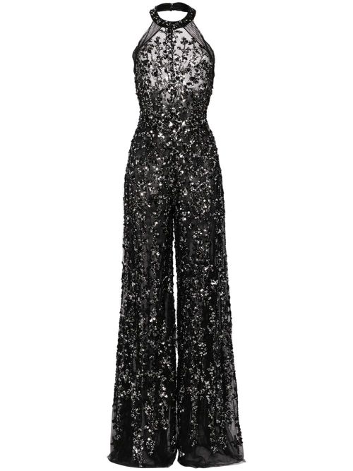 Tulle beaded jumpsuit with halter neckline - Black