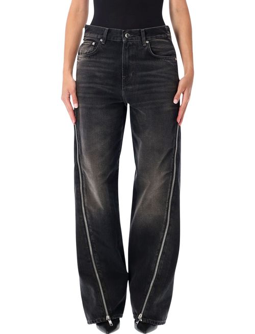 Washed Boyfriend Zip Jeans with Loose Straight Leg