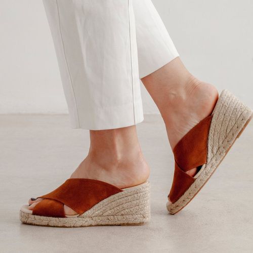 Genoa Cross Strap Vegan Suede Espadrille Wedge Sandals - Caramel | Select : 9. | Color: Caramel Brown