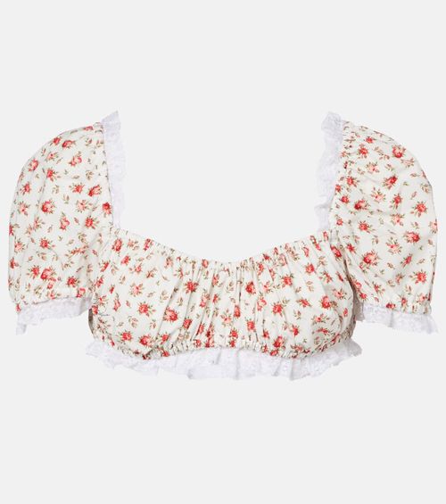 Floral lace-trimmed cotton poplin crop top