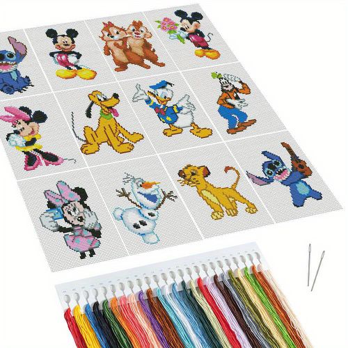 TEMU 12pcs Mini Embroidery Cartoon Printed Mouse Stitch Stitch Kit Frozen Donald Duck Sewing Crafts Desktop Decoration Gift