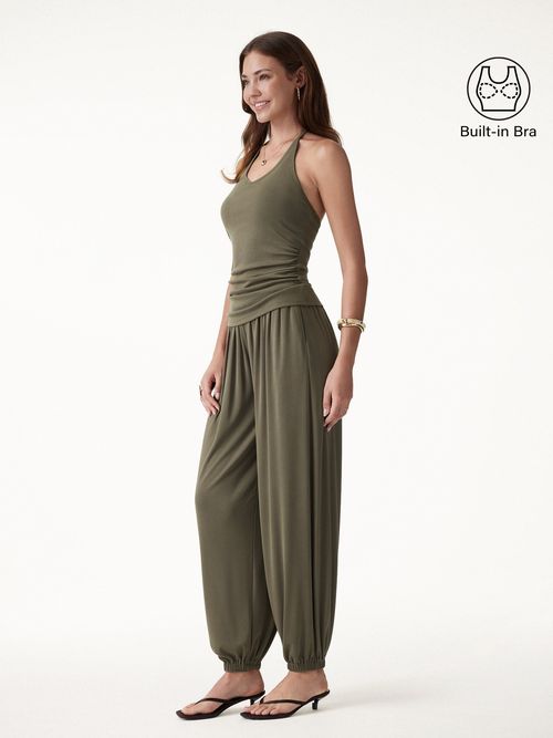 2Pcs Set Open Back Bra Top & Balloon Pants with Pockets - Olive / XS