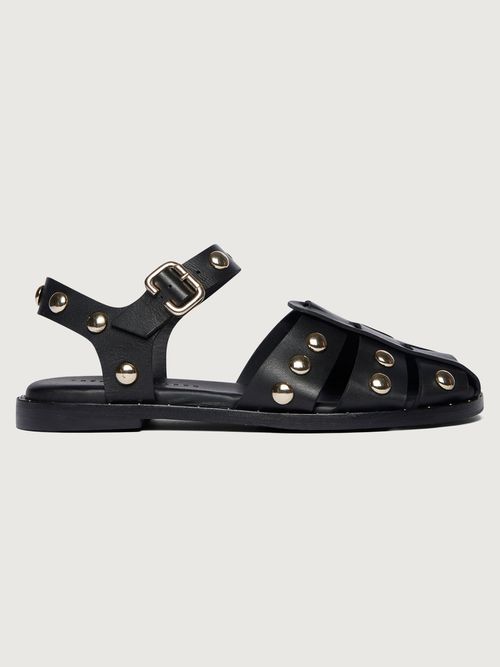Freda Salvador Sera Fisherman Sandal - Black Calf With Gold Studs - Size 6